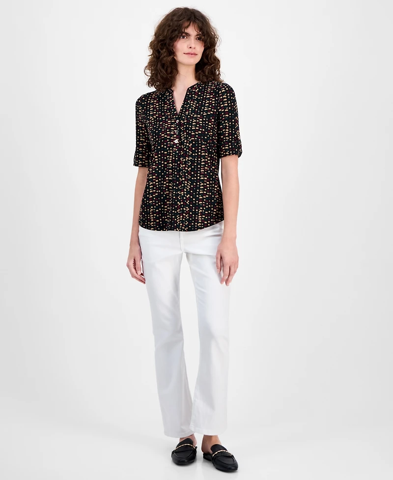 Ak Anne Klein Women's Printed Roll-Tab Top