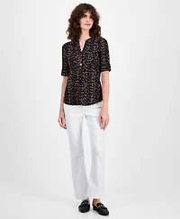 Ak Anne Klein Women's Printed Roll-Tab Top