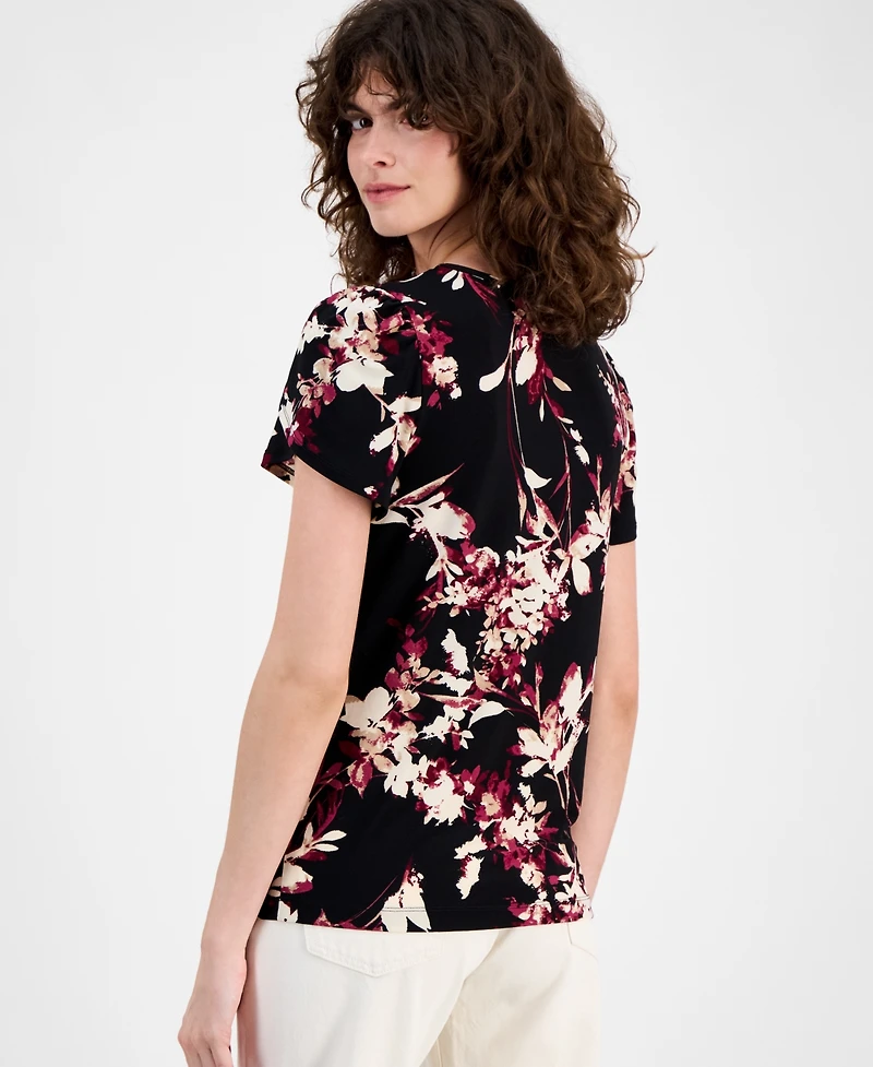 Ak Anne Klein Women's Floral-Print Tulip-Sleeve Top