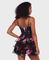 Alex & Sophia Juniors' Tiered Satin Skirt Corset Draped Neck Dress