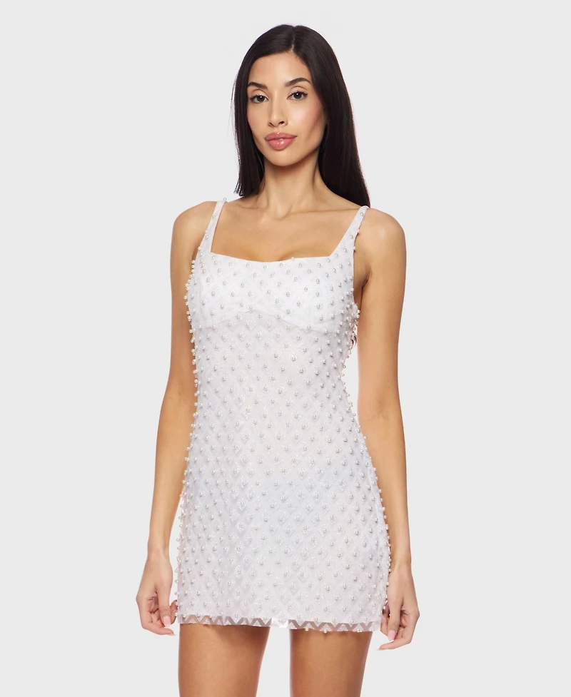 Alex & Sophia Juniors' Faux Pearl Mesh Bodycon Dress