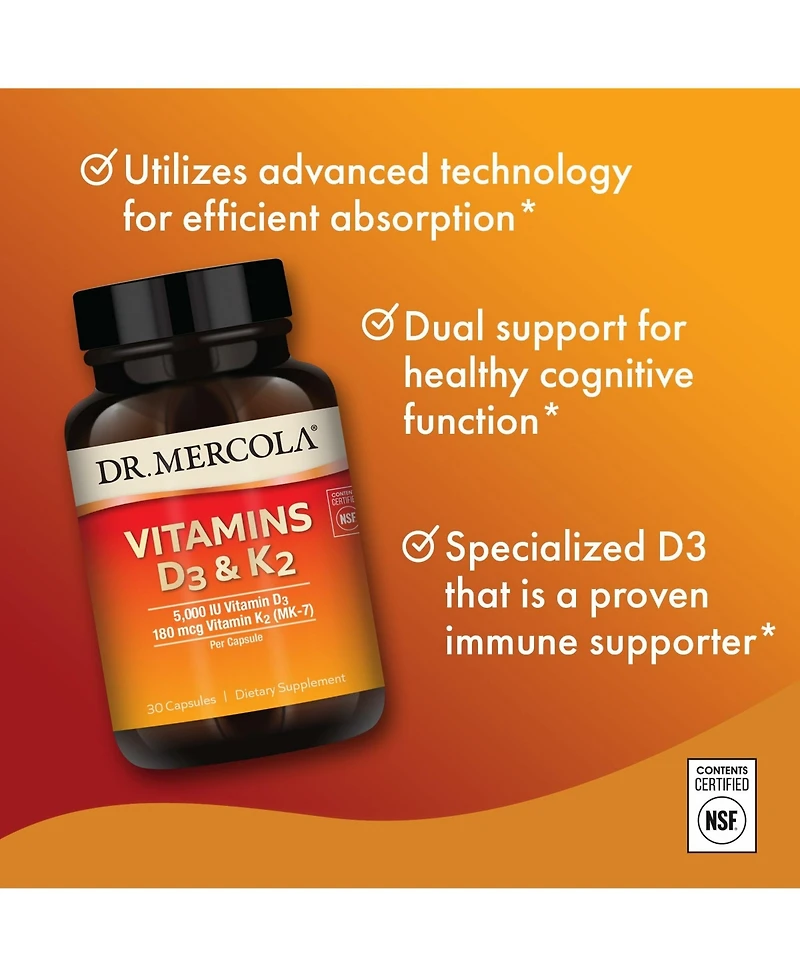 Dr. Mercola Vitamins D3 & K2, 30 Servings, Supports Immune Health