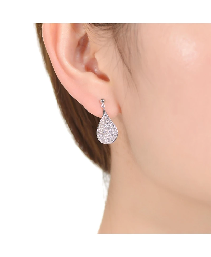Rachel Glauber White Gold Plating with French Pave Clear Cubic Zirconia Raindrop Pear Dangle Earrings