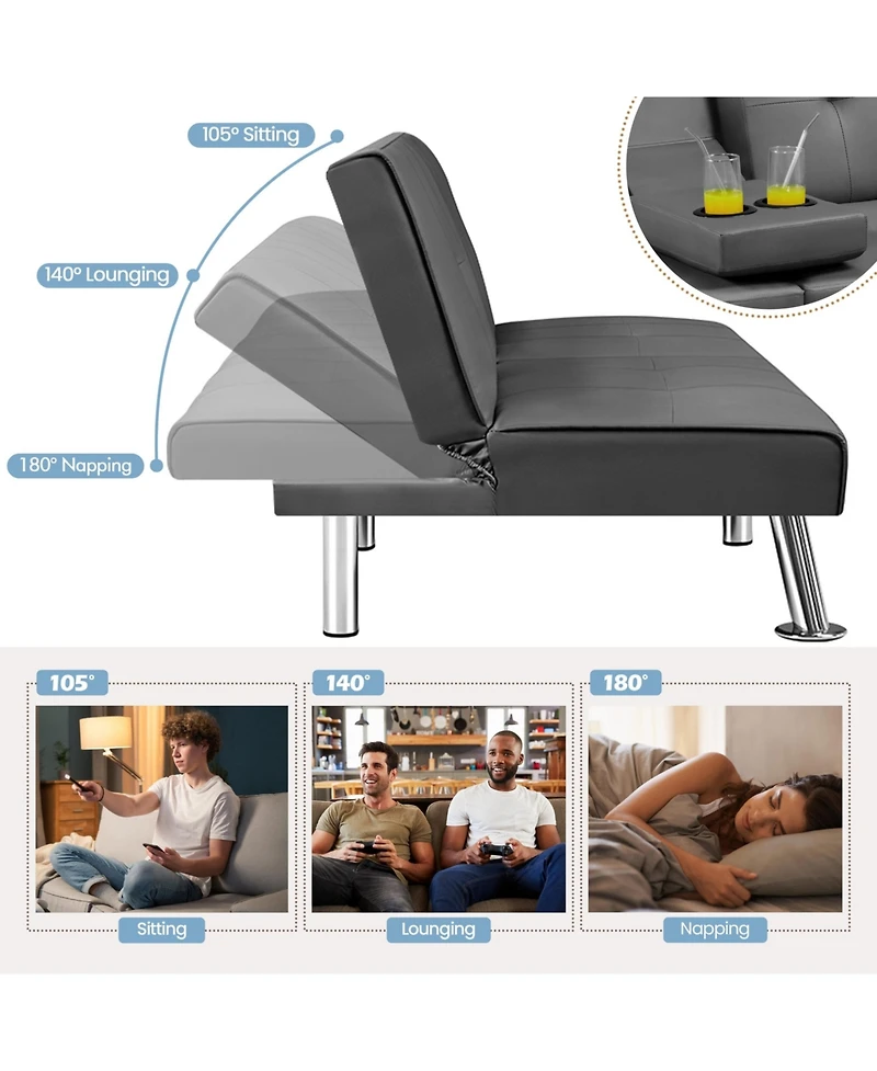 Yaheetech Faux Leather Convertible Futon Sofa Bed with 2 Throw Pillows