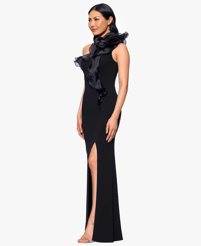Betsy & Adam Women's Scuba Crepe Organza-Ruffle Long Dress