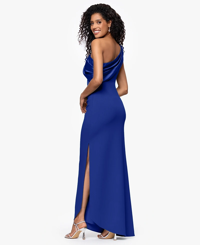 Betsy & Adam Women's One-Shoulder Asymmetrical-Hem Long Sheath Dress