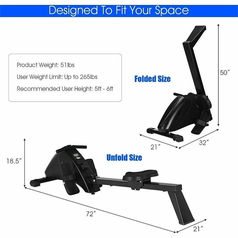 Akiudex Foldable Magnetic Quiet Operated Fitness Rowing Machine with 10 Level Adjustable Resistance