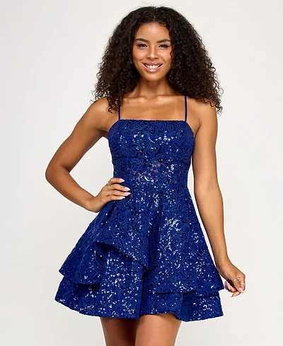 Katia Rae Juniors' Embroidered Lace Mesh Fit & Flare Dress
