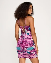 Katia Rae Juniors' Printed Mesh Lace-Up Bodycon Dress