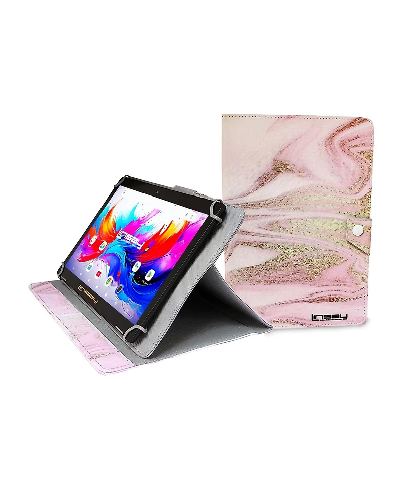 Linsay 10.1"Octa Core 256GB Storage Android 15 Tablet with Pink Glaze Marble Case