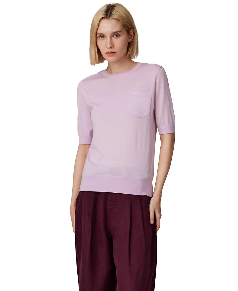 Jennie Liu Women's Tissue Weight 75% Merino Wool 25% Silk Crew Neck Short Sleeve T Shirt Sweater | Ultra Soft Machine-Washable Sweaters