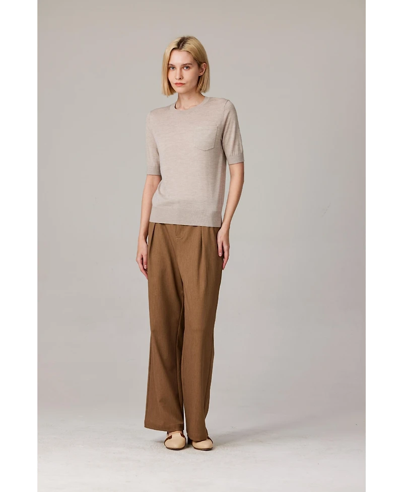 Jennie Liu Women's Tissue Weight 75% Merino Wool 25% Silk Crew Neck Short Sleeve T Shirt Sweater | Ultra Soft Machine-Washable Sweaters