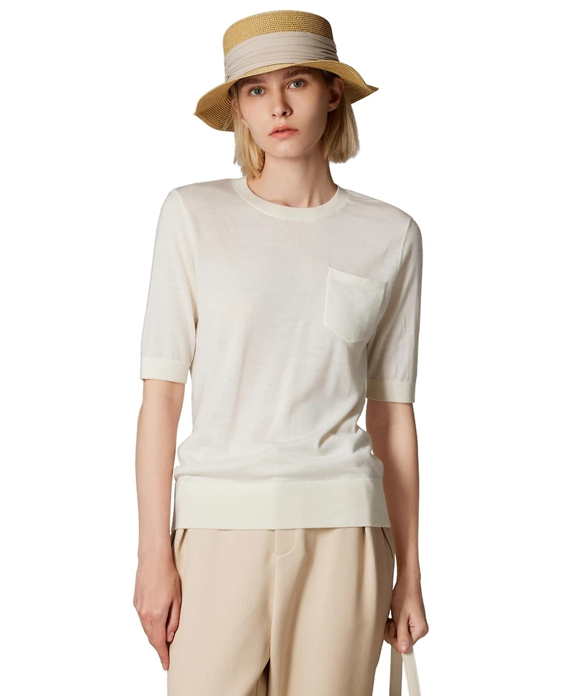 Jennie Liu Women's Tissue Weight 75% Merino Wool 25% Silk Crew Neck Short Sleeve T Shirt Sweater | Ultra Soft Machine-Washable Sweaters