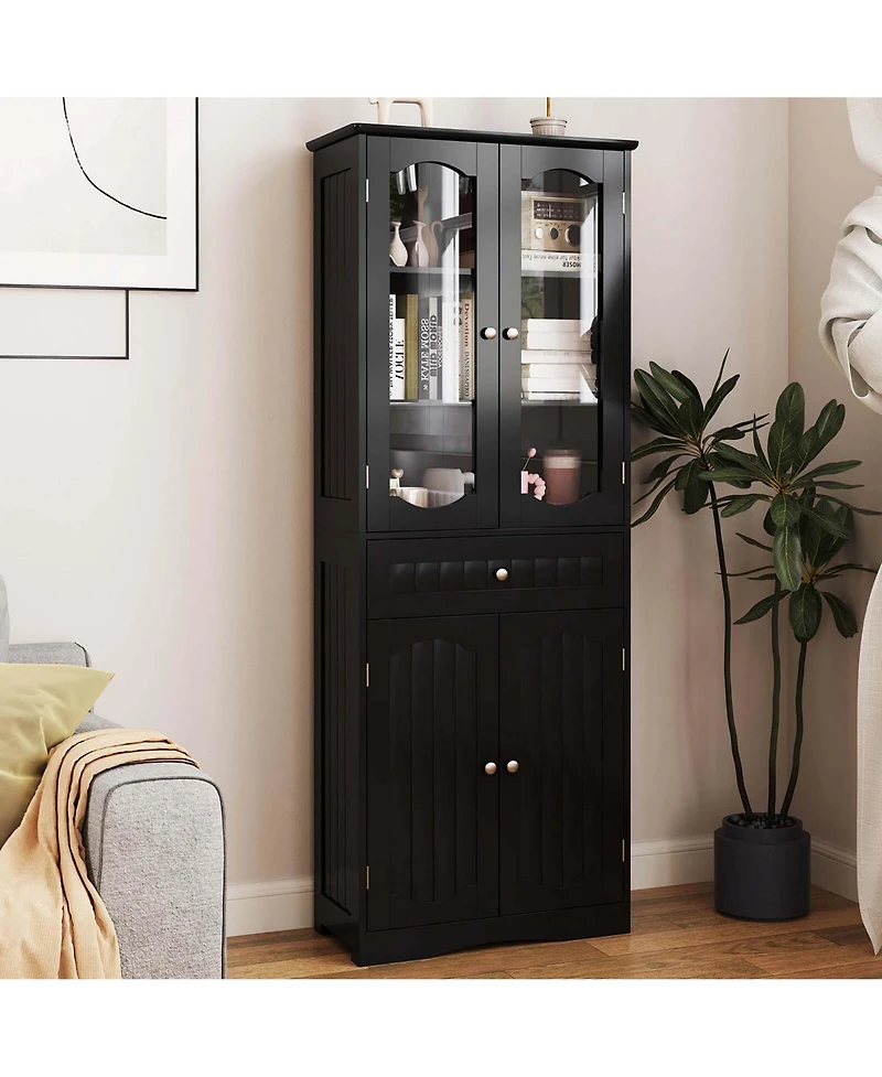 Costway 63" Tall Bathroom Cabinet with Tempered Glass Doors Adjustable Shelves Large Drawer