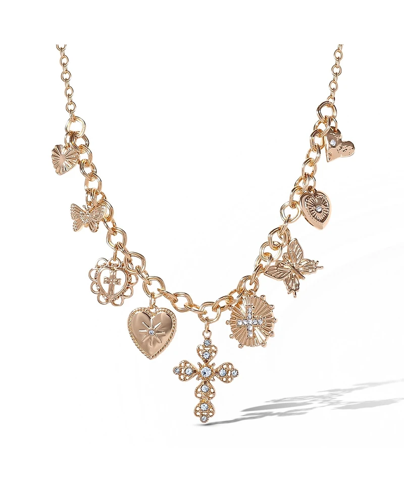 Jessica Simpson Gold-Tone Textured Cross & Heart Charm Necklace