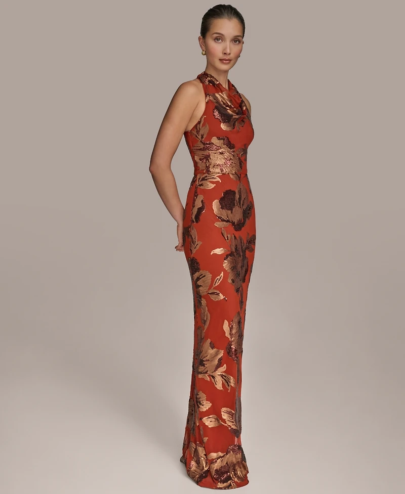 Donna Karan New York Women's Floral Sequined Sleeveless Cowlneck Gown