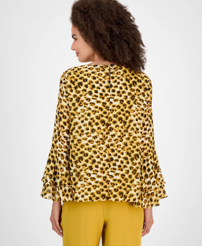 Kasper Women's Printed Ruffle-Cuff Bell-Sleeve Blouse