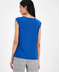 Kasper Pleated-Neck Cap-Sleeve Blouse, Regular & Petite