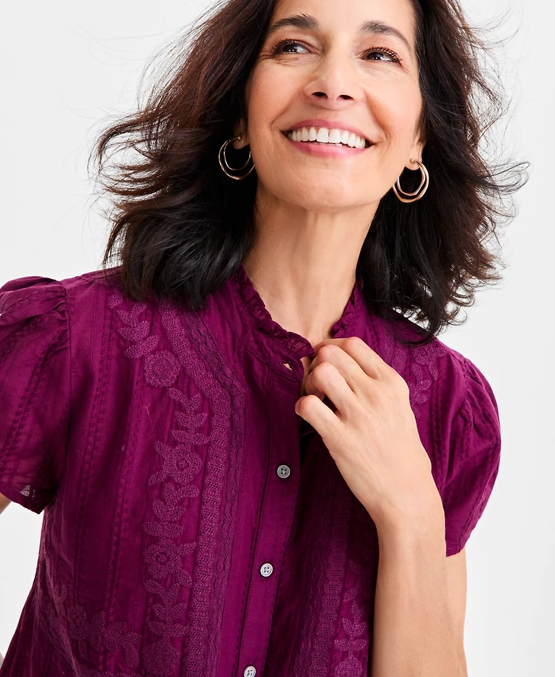 Style & Co Women's Cotton Embroidered Button-Front Blouse, Macy's Exclusive
