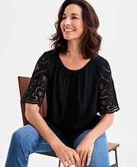 Style & Co Women's Crewneck Eyelet-Sleeve Knit, Exclusively at Macy's