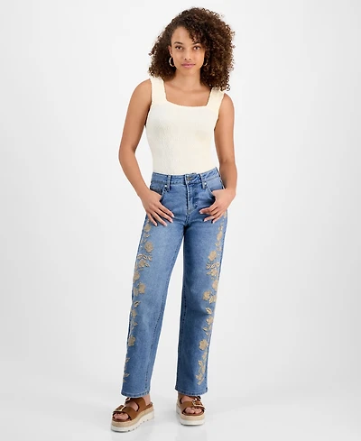 And Now This Petite High-Rise Embellished Straight Jeans