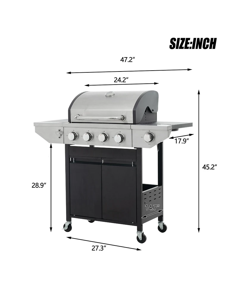 Mondawe Stainless Steel 5-Burner 46,500 Btu Propane Gas Grill with Side Shelves, 4 Wheels