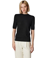 Jennie Liu Women's Funnel Neck Short Sleeve Sweater | 75% Merino Wool 25% Silk Ultra Soft Fine-gauge Knit Top Machine Washable