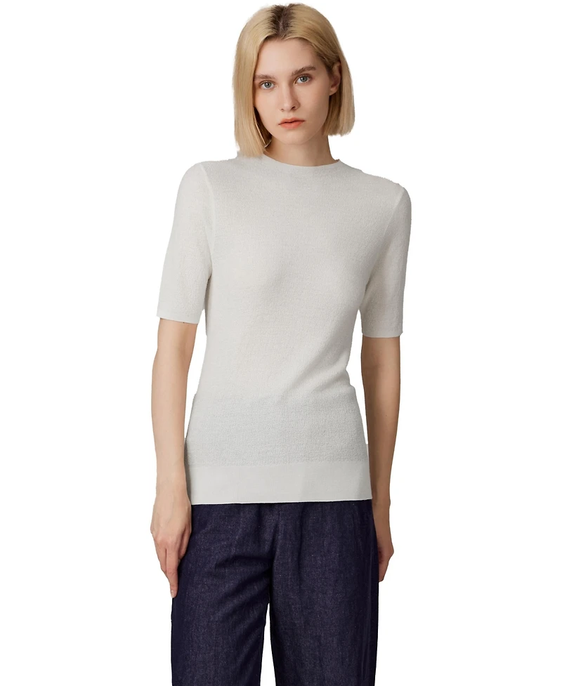 Jennie Liu Women's Funnel Neck Short Sleeve Sweater | 75% Merino Wool 25% Silk Ultra Soft Fine-gauge Knit Top Machine Washable