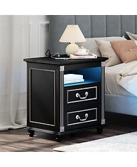 Vlsrka Nightstand with Charging Station, 3-Color Led & 2 Drawers