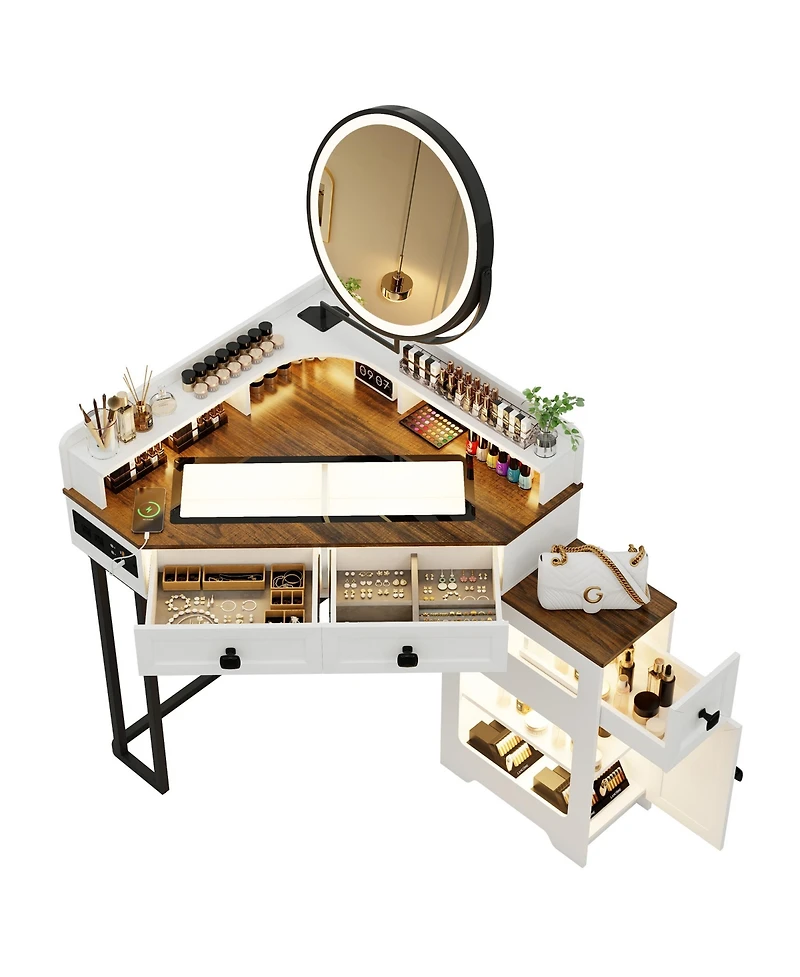 Vlsrka Farmhouse-style dressing table with mirror and lights, featuring a glass top.