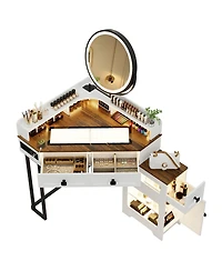 Vlsrka Farmhouse-style dressing table with mirror and lights, featuring a glass top.