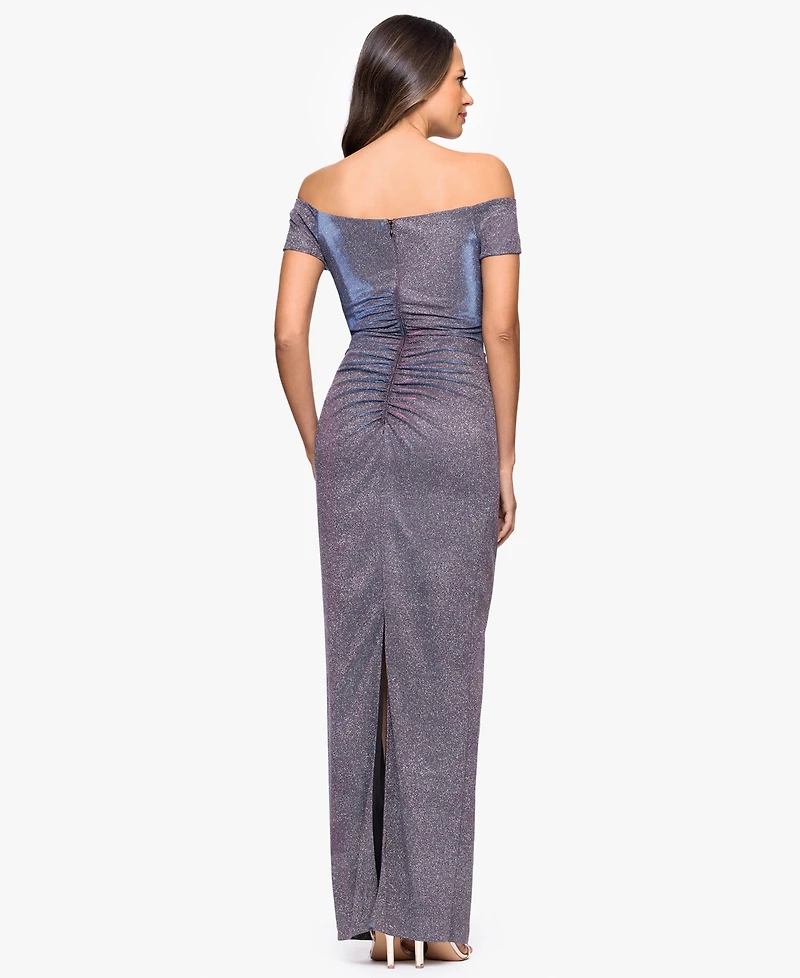 Xscape Women's Glitter Off-The-Shoulder Long Sheath Dress