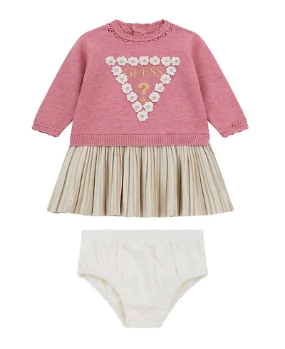 Guess Baby Girls 2-Piece Long Sleeve Mixed Fabric Dress and Coordinating Bloomer Set