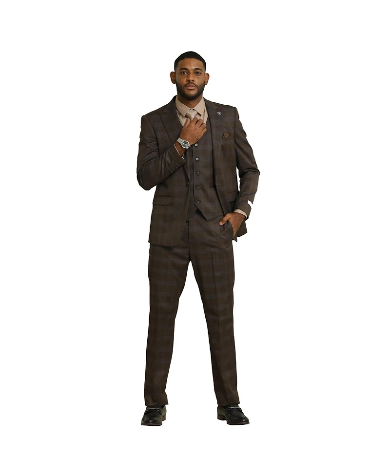 Stacy Adams Big & Tall Glen Plaid 3-Piece Jacket With Solid Vest And Pants Suit Peak Lapel