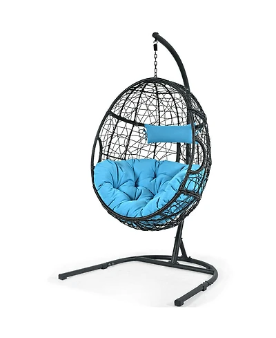 Gymax Hanging Hammock Chair Egg Swing Chair w/ Blue Cushion Pillow Stand