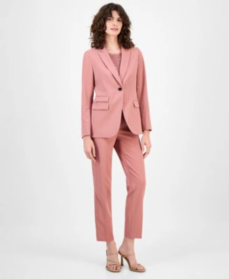 Anne Klein Womens Triple Pocket Single Button Stretch Twill Jacket Sequined Short Sleeve Triple Mesh Top Solid Straight Leg Stretch Twill Ankle Pants