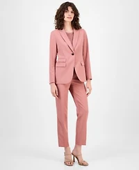 Anne Klein Womens Triple Pocket Single Button Stretch Twill Jacket Sequined Short Sleeve Triple Mesh Top Solid Straight Leg Stretch Twill Ankle Pants