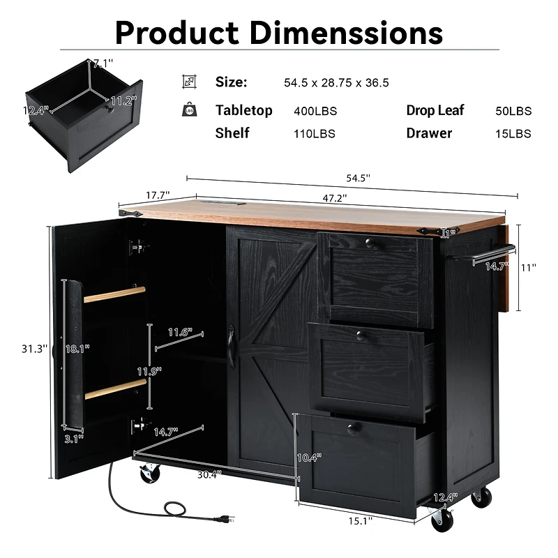 Casainc 54.5" Farmhouse Kitchen Island with Power Outlet, Drop Leaf, Spice Rack and Storage