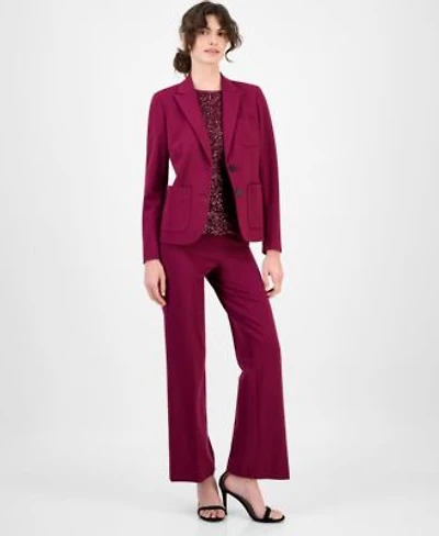 Anne Klein Womens Double Button Triple Pocket Peak Lapel Jacket Sequined Short Sleeve Triple Mesh Top Solid Wide Leg Pull On Compression Pants