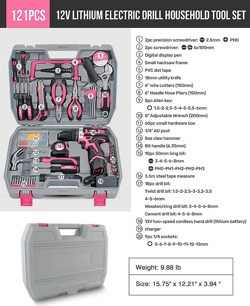 121-Piece Home Tool Set with 12V Cordless Drill – Pink and Black Diy Kit with Storage Case
