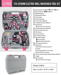 121-Piece Home Tool Set with 12V Cordless Drill – Pink and Black Diy Kit with Storage Case