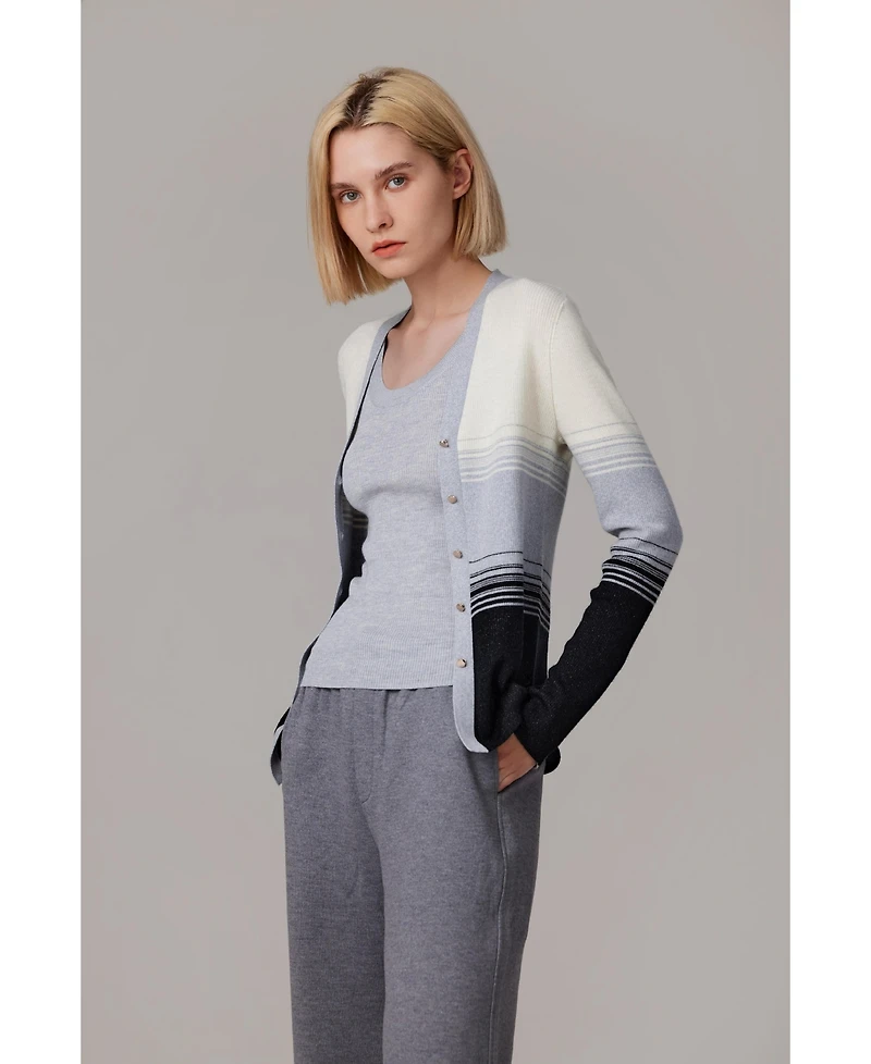 Jennie Liu Women's Lurex Wool Cardigan | Metallic Button Up V Neck Sweater Ultra Soft Ribbed Shimmer Knit Machine Washable Sweaters