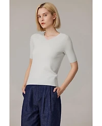 Jennie Liu Women's Merino Wool Lurex Sweater | Shimmer Fine gauge V-Neck Short Sleeve Top Machine Washable Pullover