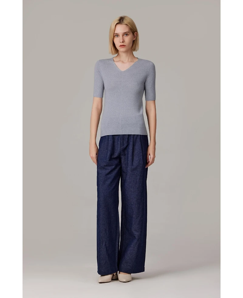 Jennie Liu Women's Merino Wool Lurex Sweater | Shimmer Fine gauge V-Neck Short Sleeve Top Machine Washable Pullover
