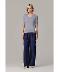 Jennie Liu Women's Merino Wool Lurex Sweater | Shimmer Fine gauge V-Neck Short Sleeve Top Machine Washable Pullover