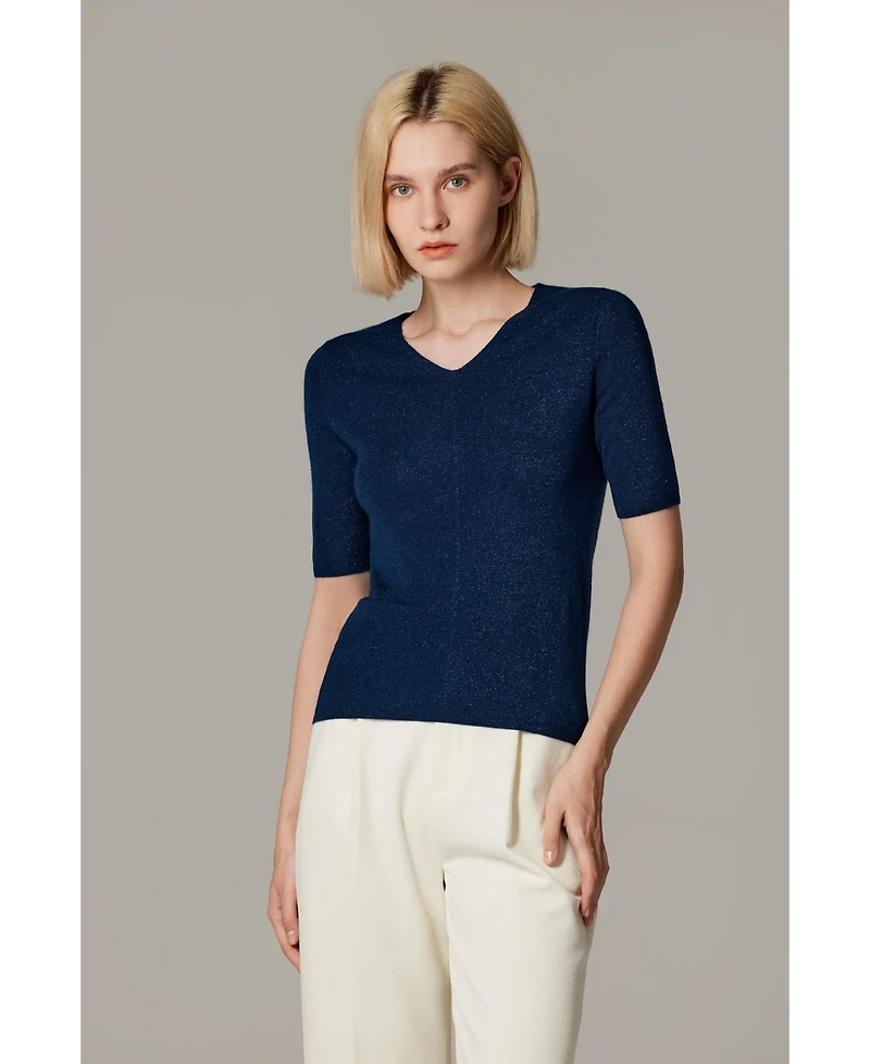 Jennie Liu Women's Merino Wool Lurex Sweater | Shimmer Fine gauge V-Neck Short Sleeve Top Machine Washable Pullover