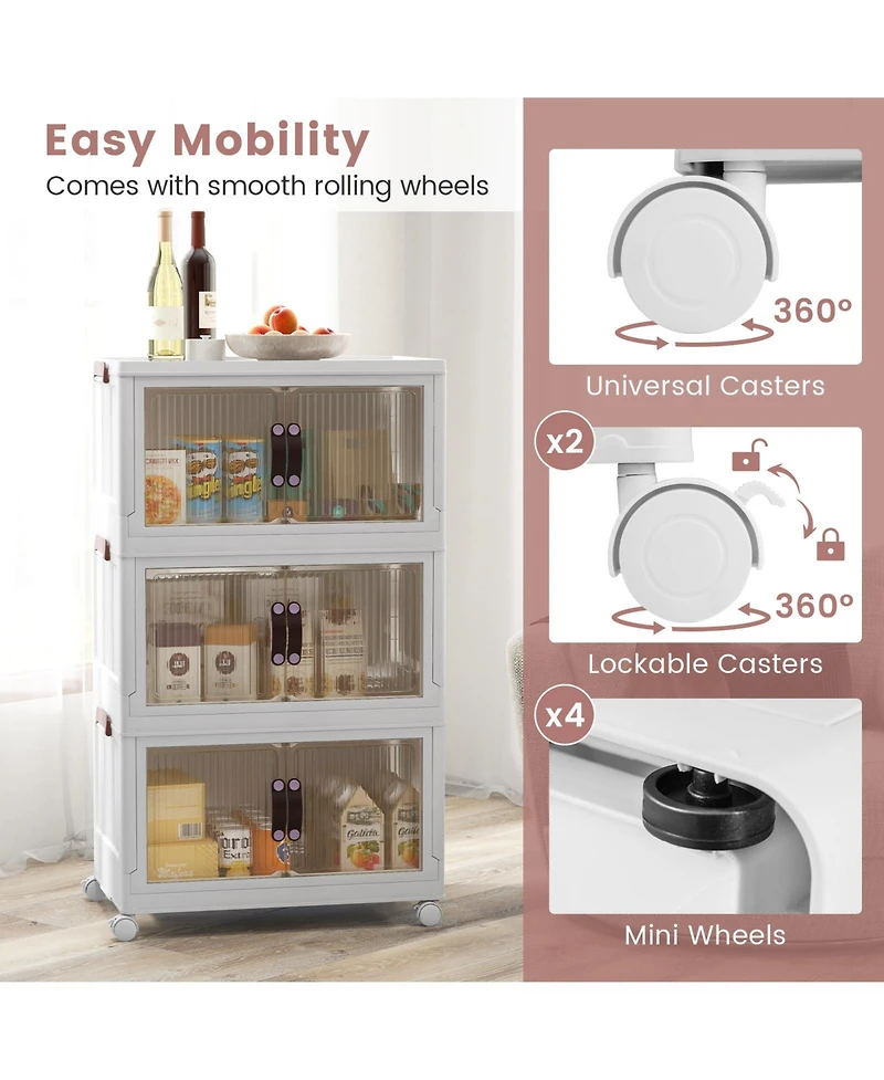 Volenca 60 Gal 3-Tier Stackable Storage Boxes Bins with Magnetic Doors and Lockable Casters