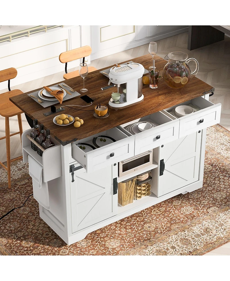 Casainc 53.7" Rolling Kitchen Cart with Barn Doors, Drop Leaf, Power Outlet and Spice Rack (No Stools)