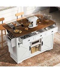 Casainc 53.7" Rolling Kitchen Cart with Barn Doors, Drop Leaf, Power Outlet and Spice Rack (No Stools)