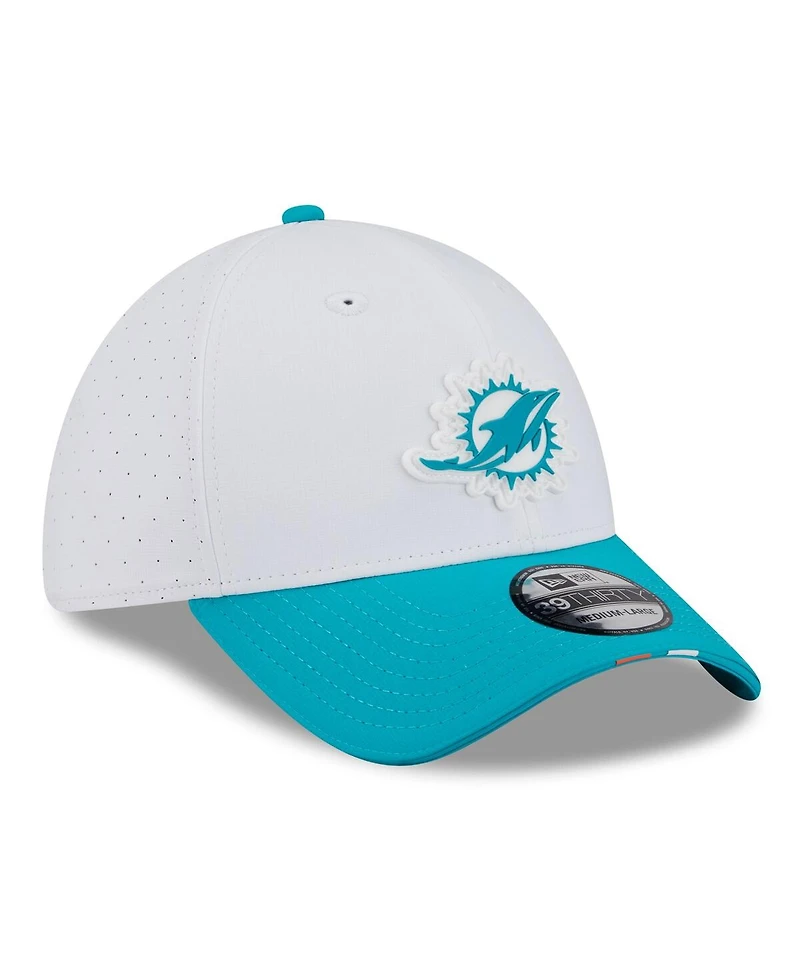 New Era Men's White/Aqua Miami Dolphins 2025 Nfl Training Camp 39THIRTY Flex Hat